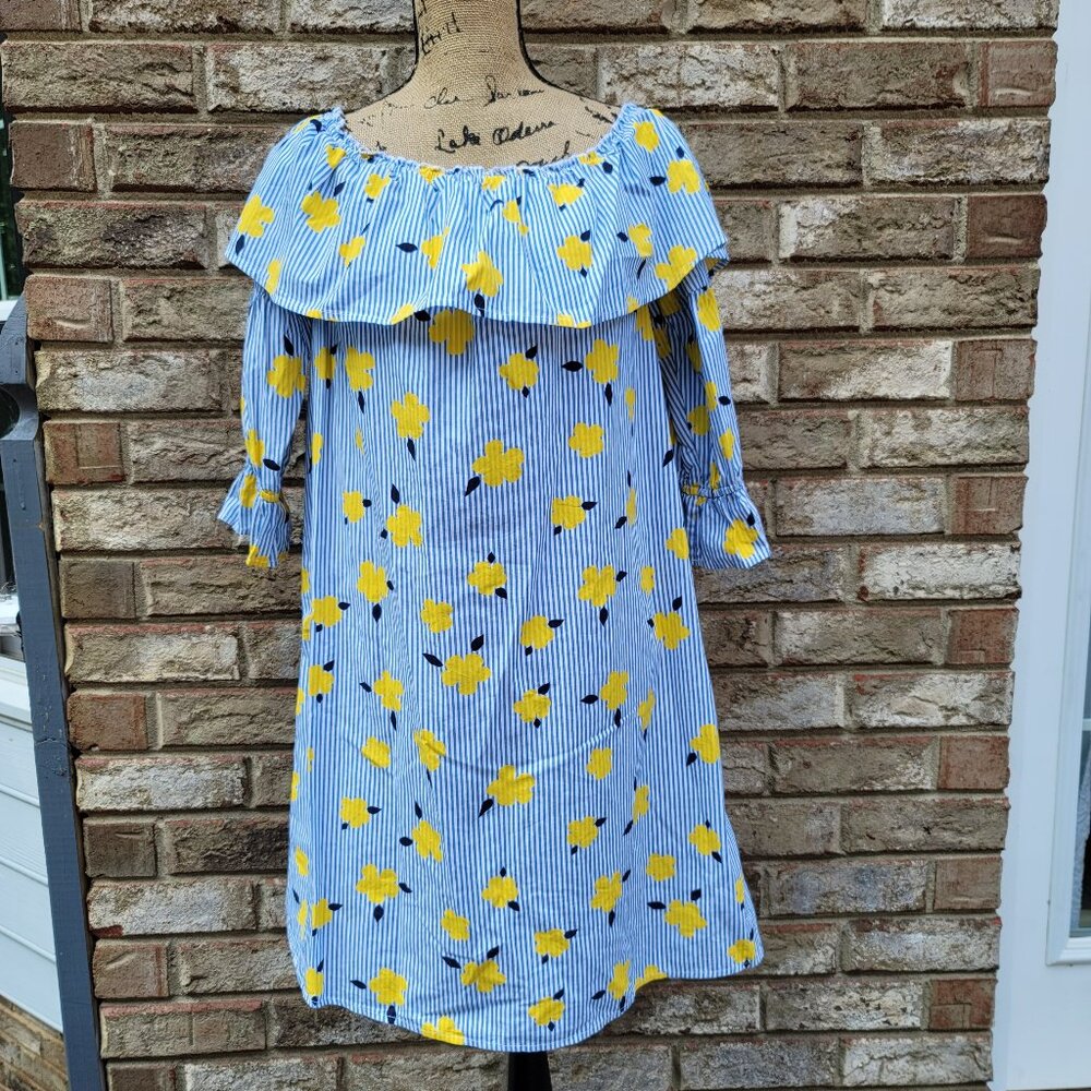 Crown & Ivy Striped Floral Flower Power Dress Off The Shoulder Ruffle Medium